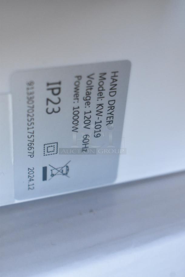 Advantage Supplies Hand Dryer label; model KW-1019, 120V, 60Hz, 1000W, IP23 rating, caution symbols, production date 2024.12.