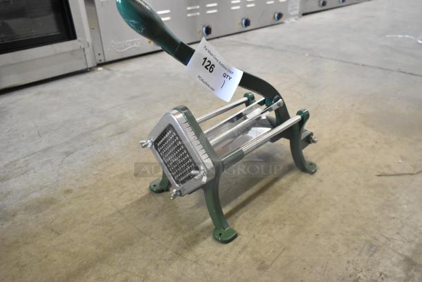 Brand new Garde metal vegetable cutter, green handle, sturdy base, minor cosmetic scratches, excellent condition.