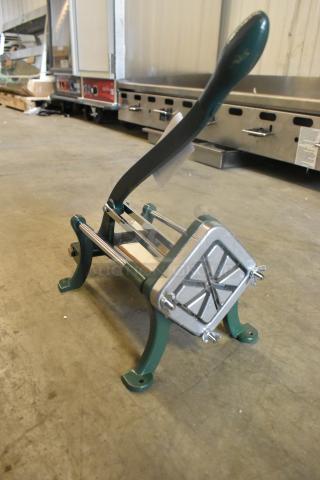 Brand new Garde Metal Vegetable Cutter, slightly scratched and dented. Green and silver finish, sturdy handle, durable metal construction.