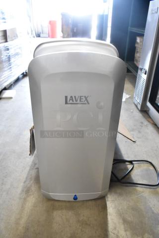 BRAND NEW Lavex silver ABS plastic automatic hand dryer with HEPA filter, 110/120V. Features minor scratch and dent.