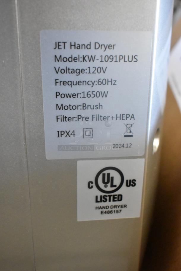 BRAND NEW Lavex silver ABS hand dryer with HEPA filter, 120V, 1650W, Model KW-1091PLUS, cUL listed, minor scratches.
