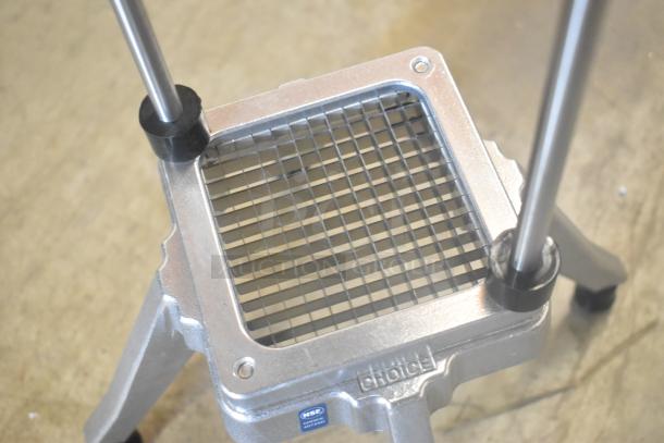 Alt text: "Brand New Choice 40725D 1/4" Vegetable Dicer, scratch and dent condition, metal frame, grid blade, NSF label."