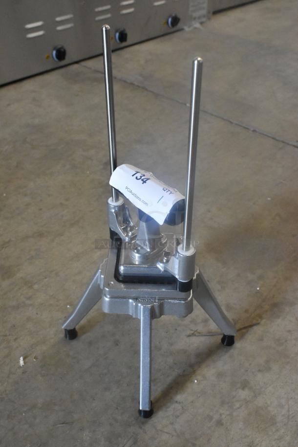 BRAND NEW Choice 407375D 3/8" Vegetable Dicer, scratch and dent, sturdy metal frame, auction tag visible.