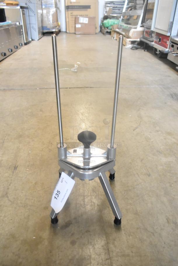Brand new Choice 4074WDG Food Prep Cutter, 4 section wedge, slight dents, stainless steel, tag with lot 135 visible.