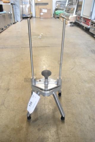 Brand new Choice 4074WDG Food Prep Cutter, 4 section wedge, slight dents, stainless steel, tag with lot 135 visible.