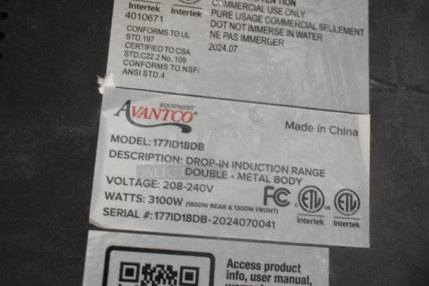 Brand new Avantco 177ID18DB induction cooker label. Features include double induction, 208-240V, 3100W, metal body. Model and serial numbers displayed.