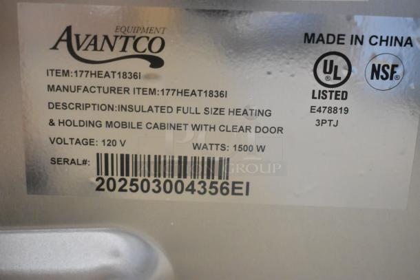 Alt text: Avantco 177HEAT1836I commercial heated cabinet label, showing model, voltage, and UL, NSF listings.