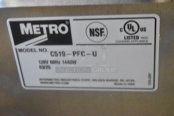 Brand new Metro C519-PFC-U proofing cabinet, non-insulated, on casters. Scratch and dent condition. 120V, 1 phase. Model label visible.