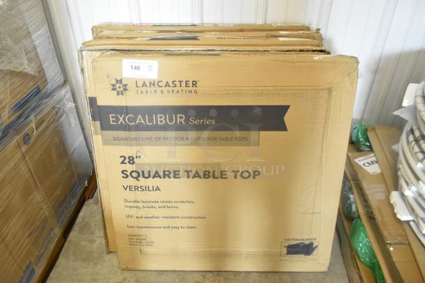 5 new Lancaster 28" square table tops, Excalibur series, Versilla finish, scratch and dent condition. Boxes displayed.