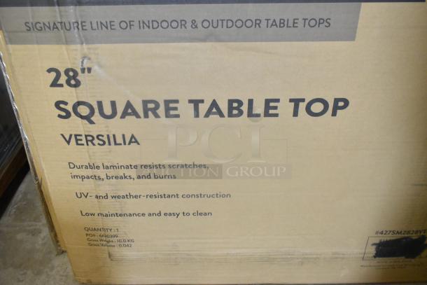 Lancaster 28" square tabletop in box, Versilia finish, scratch and weather-resistant. New condition, PO#6620399, 10kg.