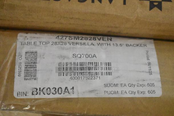 Five Lancaster 427SM2828VEN 28"x28" Versilla square table tops, new condition, minor cosmetic flaws, with labels.