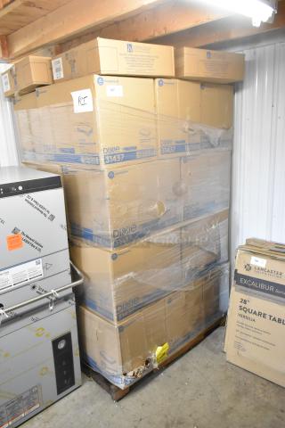 Stack of 24 boxes of Dixie 31437 1/8 Fold 2 Ply Dinner Napkins in original packaging, labeled as scratch and dent.
