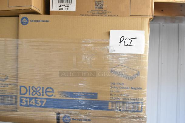 Boxes of Dixie 31437 1/8 Fold 2-Ply Dinner Napkins, 15x16.8", 3,000 total. New, in shrink wrap, marked "PCT".