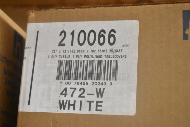 Cardboard box labeled "210066" containing Dixie 1/8 fold 2-ply dinner napkins. Scratch and dent condition, marked "472-W WHITE."
