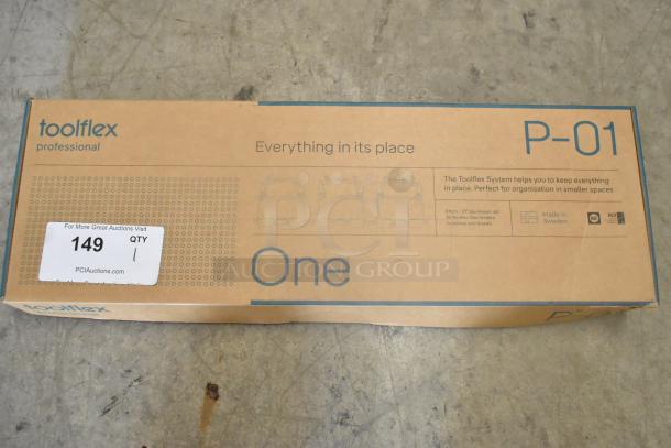 Toolflex Professional P-01 Tool Storage box, new condition, minor scratches, includes 54cm rail, holders, screws. Made in Sweden.