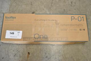 Toolflex Professional P-01 Tool Storage box, new condition, minor scratches, includes 54cm rail, holders, screws. Made in Sweden.