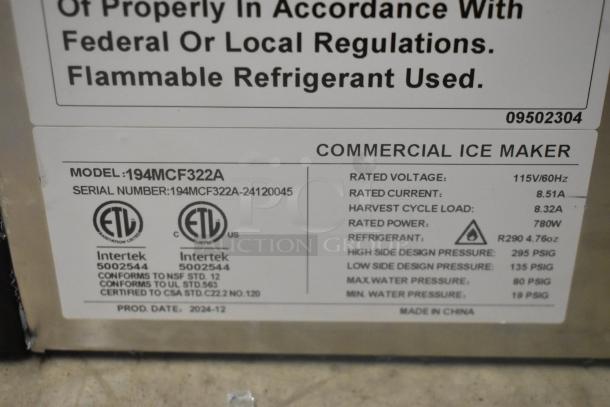 Brand new Avantco 194MCF322A ice machine, 344 lb capacity, 115V, 1 Phase. Scratch and dent, commercial use. Tag with specs visible.