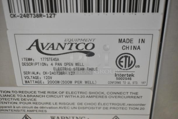 BRAND NEW Avantco 177STE4SA stainless steel, four-pan open well electric steam table, 120V, 1 phase, with undershelf.