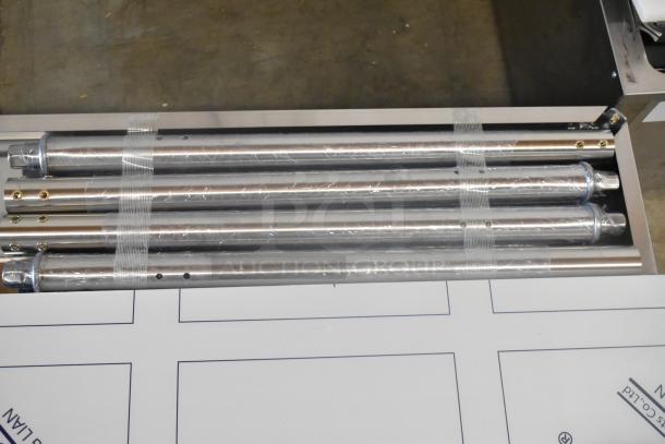 Brand new Avantco 177STE4SA stainless steel steam table parts, wrapped in plastic, showing four stainless steel poles.