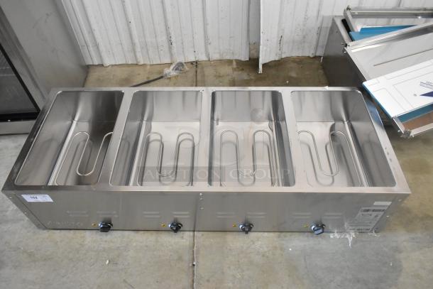 Brand new 2024 Avantco 177STE4SA stainless steel four-pan electric steam table. Scratch and dent condition, 120 volts, 1 phase.