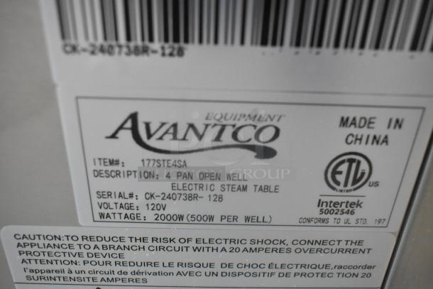 Stainless steel Avantco 177STE4SA steam table label; 4-pan open well, 120V, 2000W, ETL certified, made in China.
