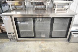 BRAND NEW Avantco 178UBB72SHCS stainless steel bar fridge, 73", sliding glass doors, LED lighting, minor scratches.