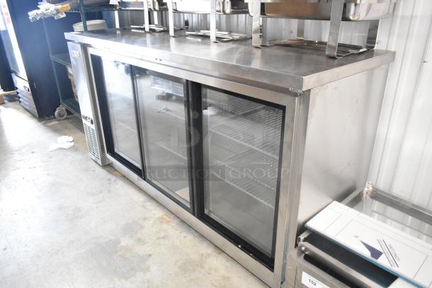BRAND NEW 2024 Avantco 178UBB72SHCS 73" stainless steel back bar fridge, narrow sliding doors, LED lighting, scratch and dent condition.