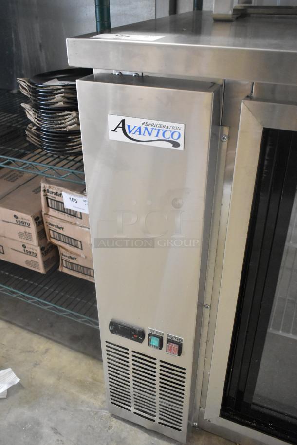 Brand new Avantco 178UBB72SHCS 73" stainless steel back bar refrigerator with narrow sliding glass doors, LED lighting, 115V, 1 phase.