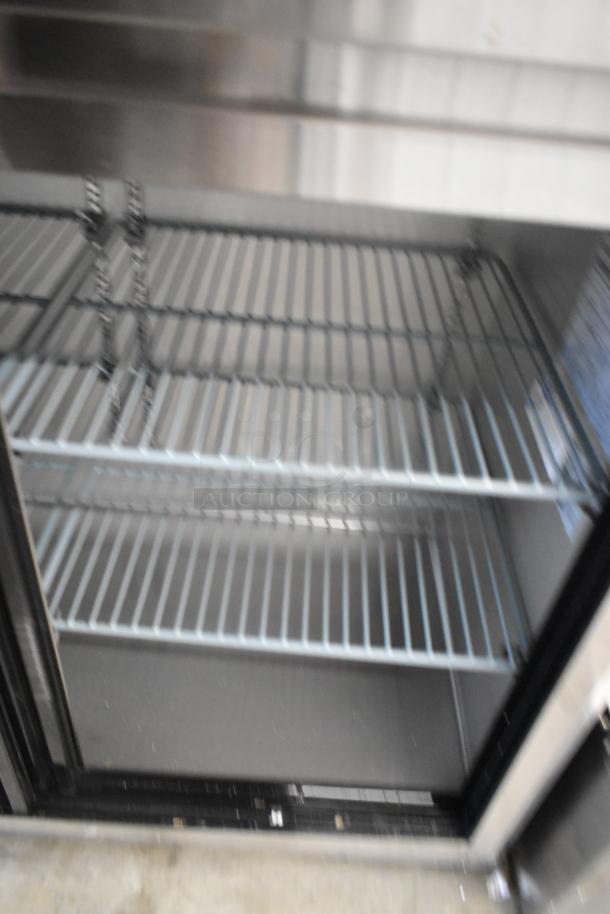 Brand new 2024 Avantco 73" stainless steel back bar refrigerator, scratch and dent, with sliding glass doors, LED lighting.