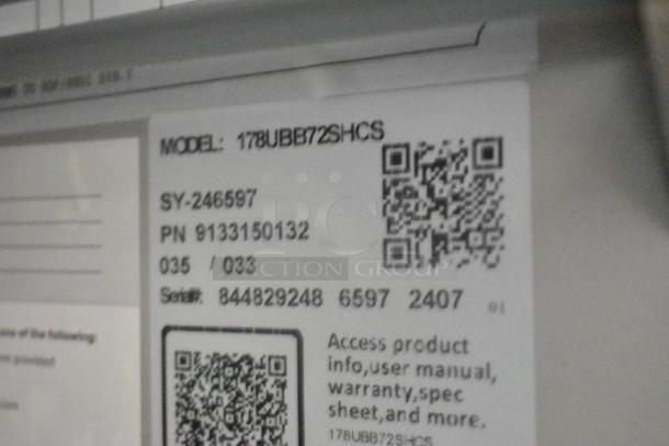 Label of Avantco 178UBB72SHCS Back Bar Refrigerator, model and serial numbers visible, for product information access.