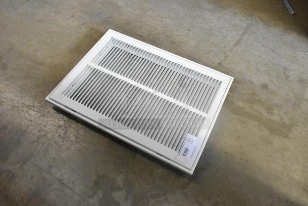 Brand new white vent cover with minor scratches and dents. Quantity: 6. Label reads "Qty 6, 159, PLCHardware."
