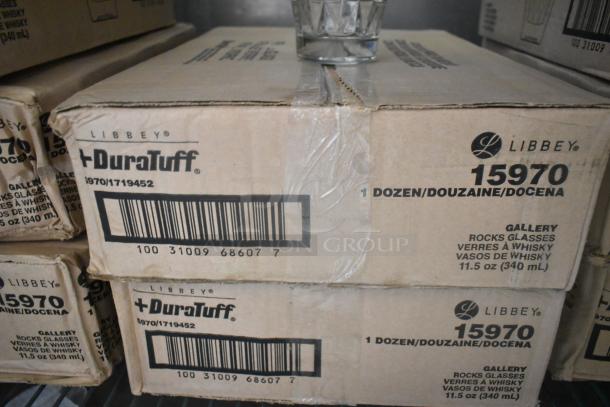 Five boxes of 12 Libbey 15970 Gallery 11.5 oz. stackable rocks glasses, labeled DuraTuff, new scratch and dent condition.