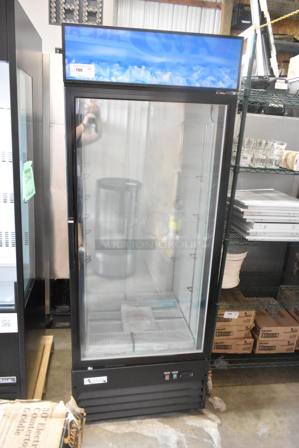 Brand new Avantco 178GDC24FHCB 31" black glass door freezer, LED lighting, 115V, customizable signage, minor scratches.