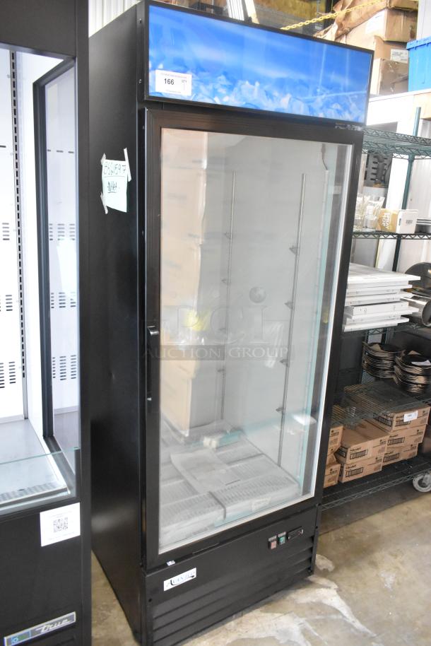 BRAND NEW Avantco 31" Merchandiser Freezer, Model 178GDC24FHCB, with customizable glass door and LED lighting. 115V, 1 Phase.