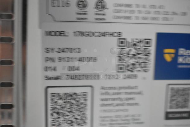 Alt text: Label on Avantco 178GDC24FHCB freezer showing model, serial number, and certification details.