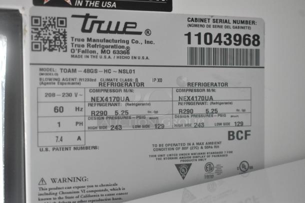 Brand new 2025 True TOAM-48GS-HC refrigerated merchandiser, 48" with glass sides, 208-230V, 1 Phase. Serial 11043968.
