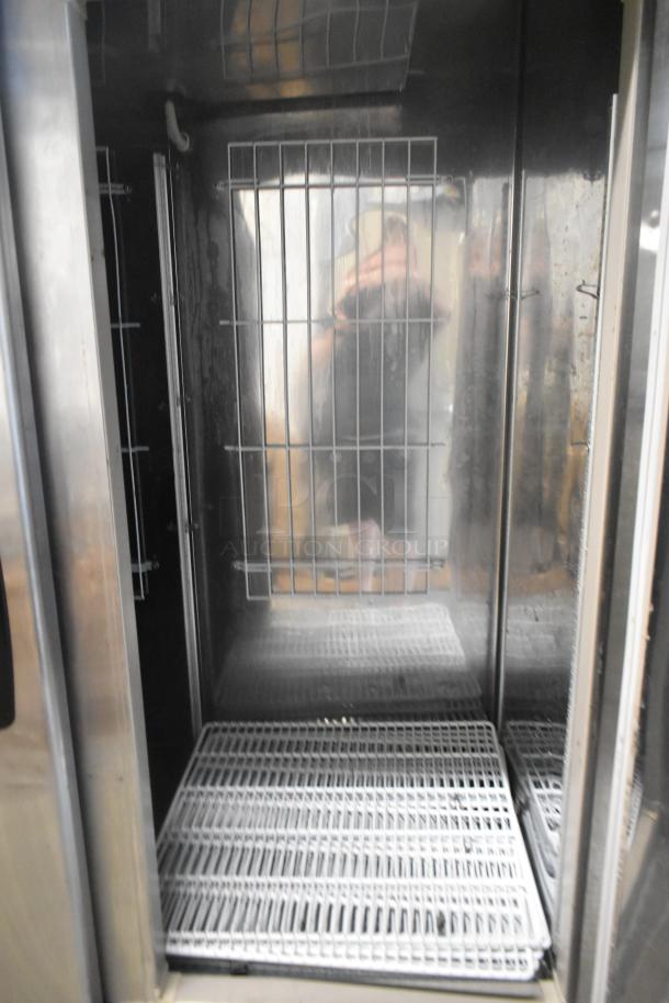 Kool Star KSR49-S stainless steel commercial 2 door cooler interior, shown with shelves and clean condition. 115 volts, 1 phase.