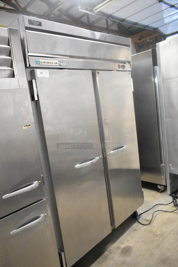 Beverage Air HF2-1S stainless steel commercial 2-door reach-in freezer on casters, 115V, 1 phase.