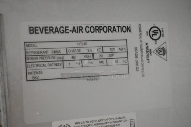 Beverage Air HF2-1S label, showing model details: refrigerant R404A, 115 volts, 1 phase, 12 amps, on commercial freezer.