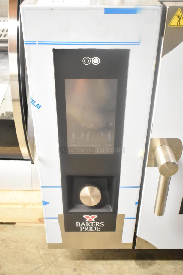 Bakers Pride AEHE061R stainless steel combi convection oven, new scratch and dent, 208V, 3-phase, control panel visible.