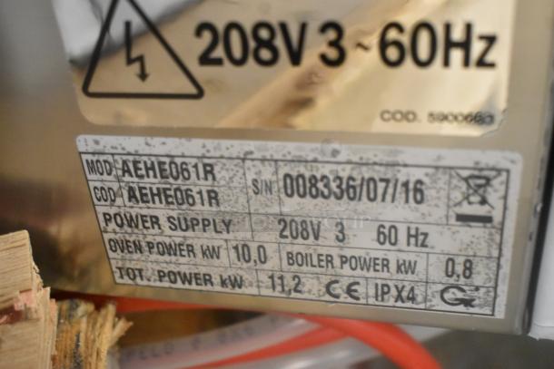 BRAND NEW Bakers Pride AEHE061R stainless steel combi convection oven label. 208V, 3 phase, 10 kW oven power.