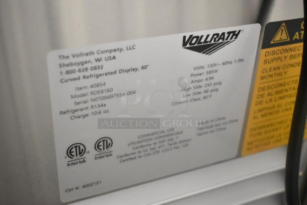 White label on Vollrath RDE8160 display cabinet, showing model, serial, and specs. ETL certified.