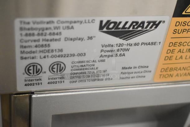 BRAND NEW Vollrath HDE8136 36" countertop curved glass heated display cabinet label. 120 Volts, 1 Phase, 670W.