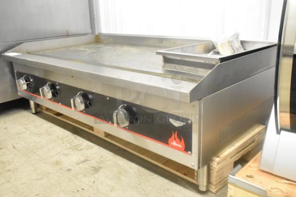Vollrath Cayenne FTG-9048 stainless steel natural gas flat top griddle, 112,000 BTU, commercial use, four control knobs.