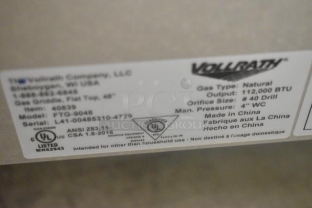 Vollrath Cayenne 40839 stainless steel griddle label, model FTG-9048, 112,000 BTU, natural gas, commercial use, UL certified.
