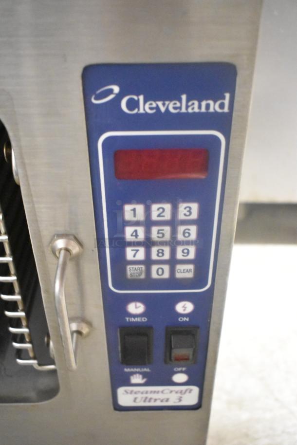 Cleveland 21CET8 SteamCraft Ultra 3 commercial steam cabinet, stainless steel, 208V, 3-phase. Keypad and labeled controls.