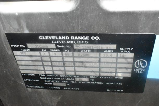 Cleveland SteamCraft Ultra 3 21CET8 stainless steel steam cabinet label, 208 volts, 3 phase, UL listed.
