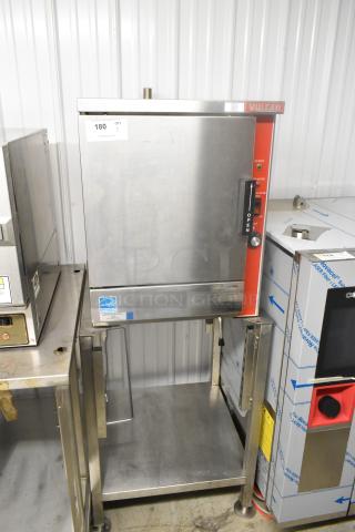 Vulcan VPX5 Stainless Steel Commercial Steam Cabinet, single deck, electric, 208V, 3-phase, on equipment stand.