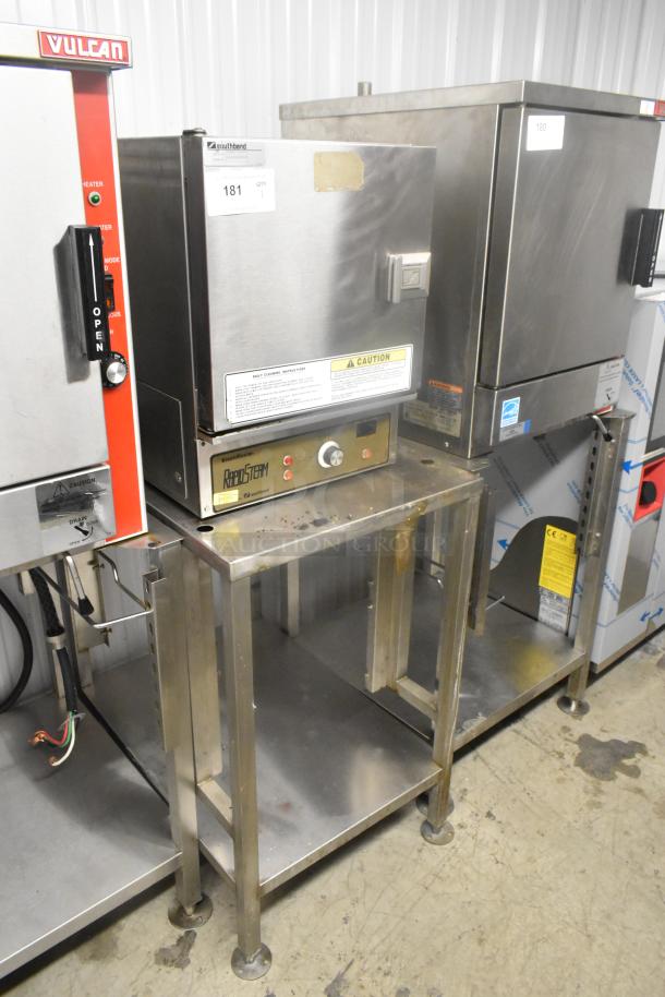 Southbend RS-4E RapidSteam SteamMaster stainless steel steam cabinet on equipment stand, excellent condition, commercial use.