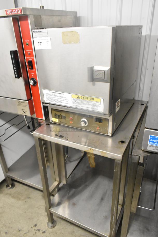 Southbend RS-4E RapidSteam SteamMaster, single deck stainless steel steam cabinet on equipment stand, visible wear.